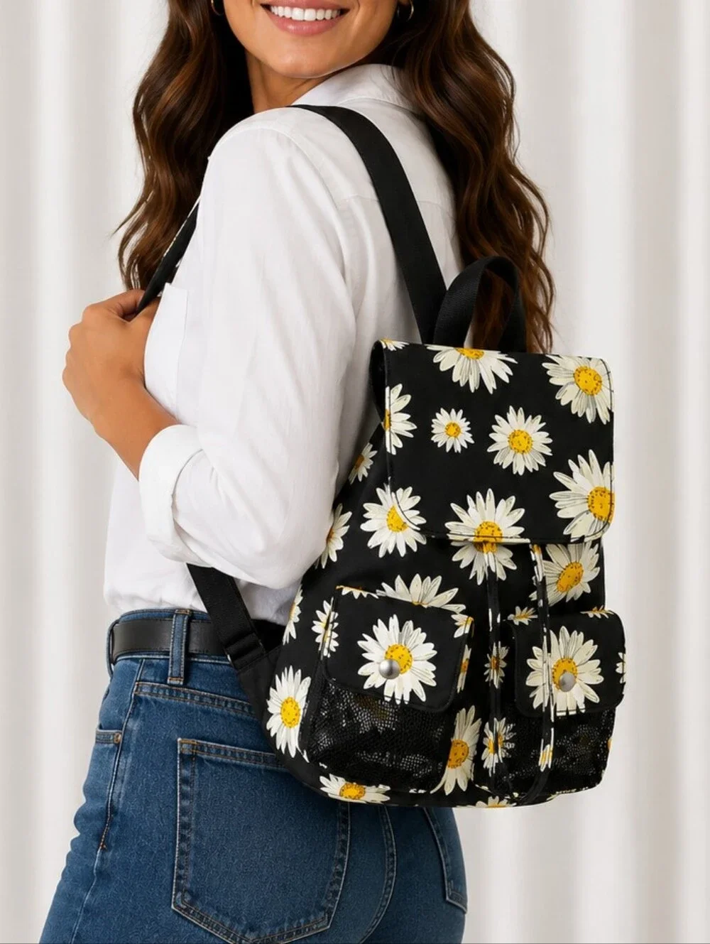 👜 Black Daisy Floral Backpack White Yellow Flower Drawstring Casual Bag